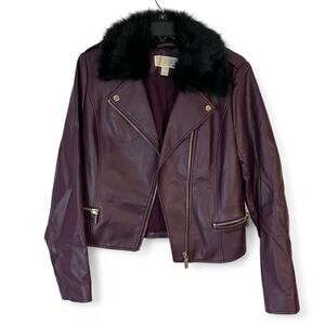 Michael Kors Plum Leather Jacket with Black Fur Lining